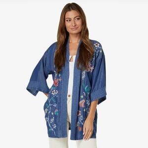 Johnny Was Workshop Viola Embroidered Denim Kimono Boho Chic Sz M/L